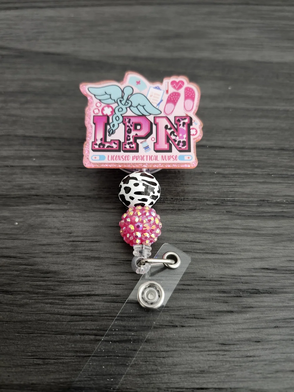 Pink LPN Licensed Practical Nurse Badge Reel with Sparkle Beads
